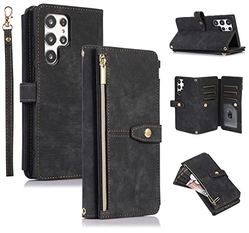 UEEBAI Hülle für Samsung Galaxy S22 Ultra 5G,Leder Klapphülle,Retro Schwarz | 9 Kartenfäche Lederhülle mit Umhängegurt Handschlaufe Ständer Reißverschluss Handyhülle Magnetverschluss Wallet Flip Case