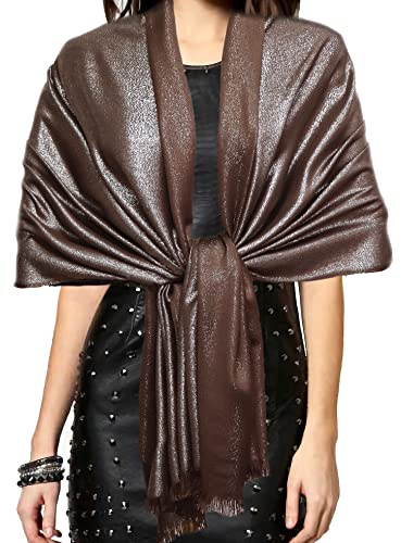 Gragengs Funken Metallic Pashmina Schals und Stola für Damen, Lange Party Tücher Einheitliche Farbe Zwei Töne,Braun/Silber