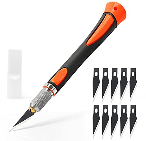 EHDIS Taglierino di Precisione con 10 Lame di Olio Antiruggine, Bisturi Modellismo di Gomma Antiscivolo, Cutter di Precisione, per Lavoro Artistico Taglio, Scultura, Arancione