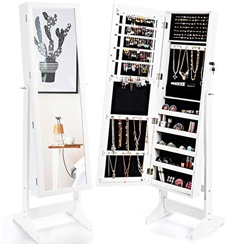 GOPLUS Schmuckschrank mit Spiegel, Schmuckständer mit Stauraum, Spiegelschrank Schmuckaufbewahrung abschließbar für Schmuck & Kosmetik (Weiß)