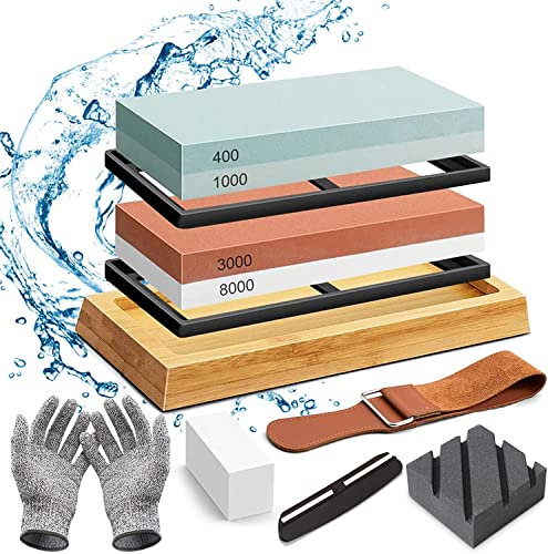 Piedra de Afilar,Piedra de afilar cuchillos,con Base de Bambú Antideslizante,base de Bambú Antideslizante guía de ángulo,Juego de Piedras de afilar(3000/8000+400/1000Grupo)