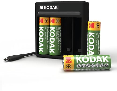 Kodak Paquete de 4 pilas AA recargables con cargador de batería USB-C de 4 ranuras (no incluye adaptador), compatible con pilas AA y AAA (NiMH), carga baterías dobles A o triple A, 1000 ciclos de