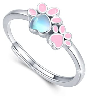 Pfote Ringe 925 Sterling Silber Mondstein Hündchen Pfotenabdruck Ring Verstellbar Ring Geschenk Schmuck für Damen