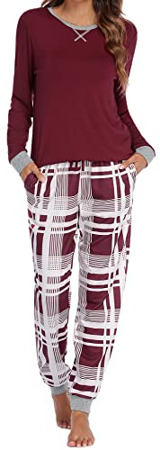 Ekouaer Pyjama Femme Carreaux Vêtement d'Intérieur Automne Hiver S-2XL | 2 poches, taille élastiquée à cordon, bords côtelés chauds, imprimé tendance, tissu doux et respirant, coupe décontractée