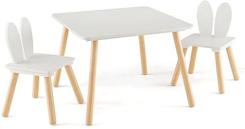LIFEZEAL Barnbord, soffbord och stolar för barn 3–6 år, barnbord med 2 stolar med kaninformat ryggstöd, träbord och stol set, set för barnrum, belastning 20/40 kg (vit)