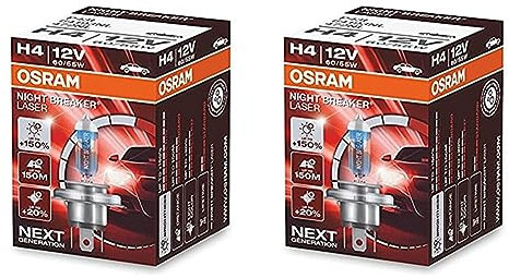 Osram NIGHT BREAKER LASER H4, +150% mehr Helligkeit, Halogen-Scheinwerferlampe, 64193NL, 12V PKW, Faltschachtel (1 Lampe) (Packung mit 2)