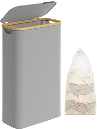 SONGMICS Panier à Linge Mince avec Couvercle, 65L, Gain de Place, Doublure en Maille Amovible, Tissu Oxford, Poignées en Bambou, Pliable, 42 x 22,5 x 70,5 cm, Gris Tourterelle LCB506G01