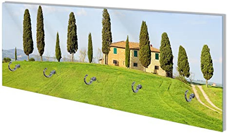 Wallario Wandgarderobe aus Glas in Größe 80 x 30 cm mit Memoboard-Funktion, Motiv: Villa auf einem Hügel in der Toskana | 5 Kleiderhaken zum Aufhängen von Jacken