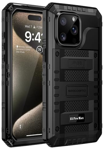 seacosmo iPhone 15 Pro Max skal, IP68 vattentätt, militärklass stötsäkert mobilskal med inbyggt skärmskydd och kameraskydd, 360° fullt skydd metallskal för iPhone 15 Pro Max, svart