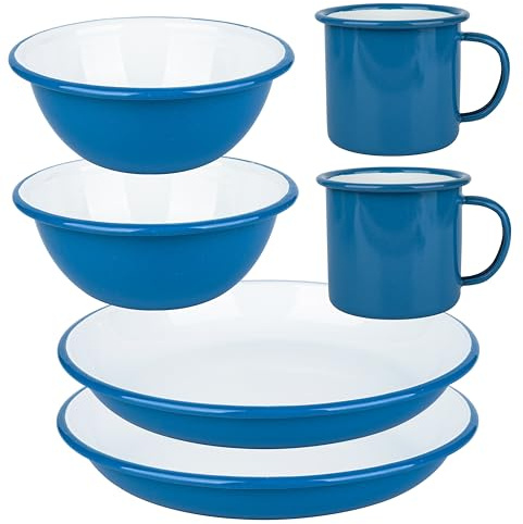Lost & Found Cornwall 6 Piece Enamelware Enamel Mug Plate Bowl Set | Premium Emaille Esszimmer 2 Schüsseln tiefe Teller Tassen | für Outdoor Camping Wandern