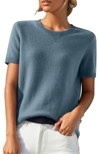 PODOLIXIA Pullover Damen Kurzarm Kaschmirimitat Elegant Frühling Sommer Sweatshirt Rundkragen Frauen Oberteil Bluse Kurzen Ärmeln Strick Tops Einfarbig Strickpullover Casual Sweater
