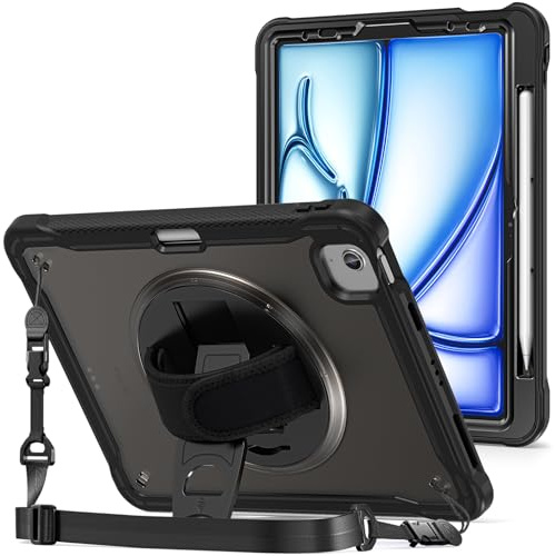 ProCase Hülle für iPad Air 11 Zoll 2026 M4/2025 M3/2024 M2, Air 5/4th(2022/2020) 10,9 Zoll, Schutzhülle mit 360 Grad Drehbarer Handschlaufe Ständer, Stoßfest Robust Case Hybrid Cover-Schwarz