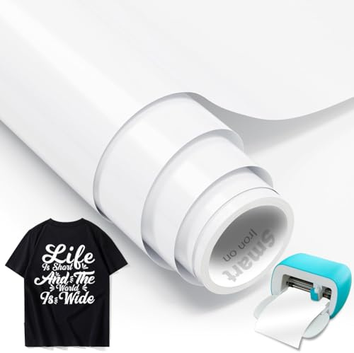 White Smart Iron On for Cricut Joy, 14 x 200 cm Plotter Film Textile Smart Heat Transfer Vinyl Rolls, Flex Film Plotter Textiles for Iron-on Works without Cutting Mat for DIY T-Shirts, Hoodie, Fabrics