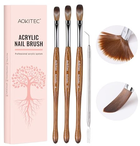 Aokitec Kolinsky Acryl Pinsel für Nägel mit Metal Brush Cleaner - Größe 8/12/14 Nagel Pinsel für Acrylpulver, Nailart Pinsel für Acryl Nägel Selber Machen, Geschenke für Frauen