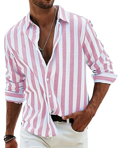 shownicer Camicia Cotone Uomo Manica Lunga Camicia a Righe Cotone Camicia con Bottoni Slim Fit Camicie da Spiaggia Hawaiian Top