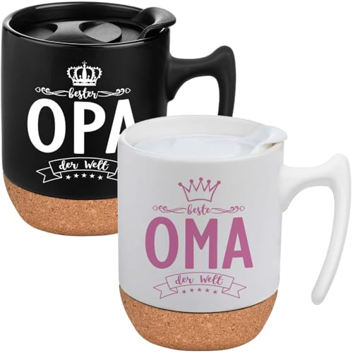 Geschenke Oma und Opa Tassen Set mit Deckel und Untersetzer | Beste Oma Opa der Welt Kaffeetasse, Geschenke für Großeltern zum Geburtstag Weihnachten