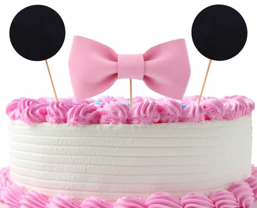 Mouse Cake Topper, Mouse Cake Decorations Include Black Ears and Pink Bow Birthday Party Cupcake Decor for Girls Birthday Supplies