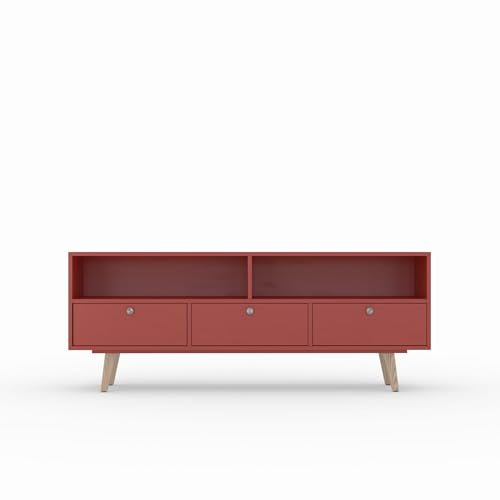 TV Schrank GRASS, NCS lackiert 3560y70r dunkel Ziegel rot, 3 Schubladen, 2 Einlegeböden, skandinavisches Sideboard, 180 x 66 x 43 cm