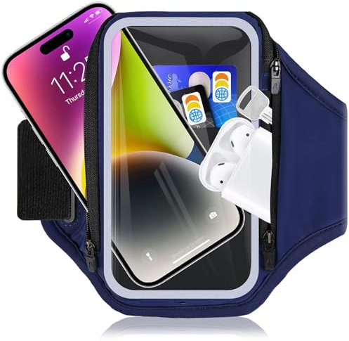 Razobws Porta Telefono Corsa con Borsa per Auricolari, Razobws Porta Cellulare Corsa per Telefono, 6,9'' Porta Cellulare Running Fascia da Braccio Sportiva per iPhone 16 15 14 13 12 11 ﻿ (Blu)
