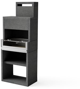 TUOZI - Barbacoa de Obra BLACK VENIT Plus Hotte 78 Inox – Para Carbón y Leña, Diseño Moderno en Hormigón Texturizado con Parrilla de Acero Inoxidable (78 x 47 x 197 cm)
