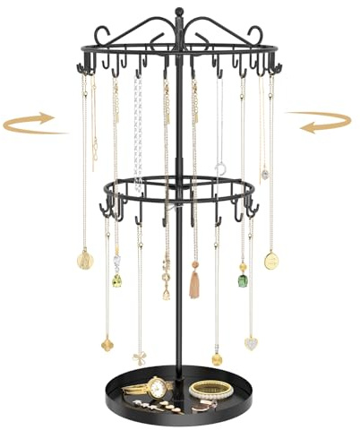 TANOSAN Kettenständer Schmuck Organizer mit 42 Haken, drehbarer Kettenhalter aus Metall, Höhenverstellbar für Lange und Kurze Halsketten, für Damen Herren, Schwarz, 2 Ebenen mit Schmuckablage