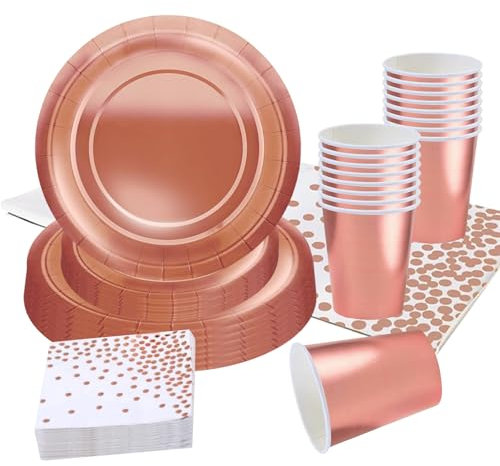 69pcs Metallic Rose Gold Tableware,Foil Rose Party Dinnerware Shiny Metallic Rose Gold Paper Plates Cups Napkins and Tablecloth Kit for Her Him Birthday Party Supplies Table Decorations