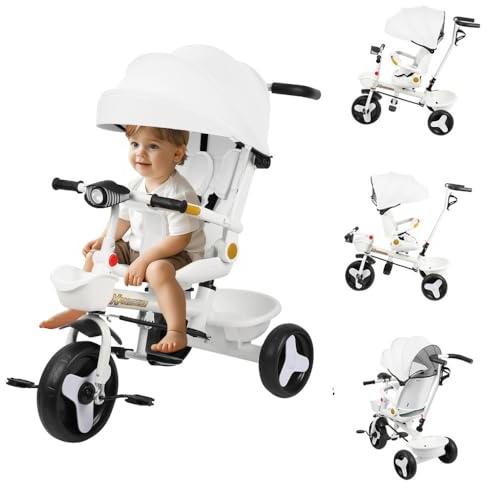 OHMG Kinderwagen mit 3 Rädern, Dreirad für Kinder, skalierbar, bis zu 25 kg, kompakt, kann sitzen und liegen, neigbare Rückenlehne, höhenverstellbarer Lenker, große Räder