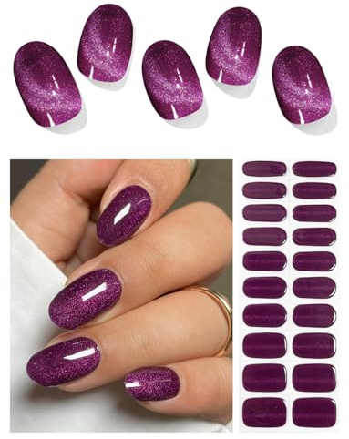 AutyaMee Semi Cured Gel Nail Strips (Deep Purple Cat Eye), 20 Pcs Gel Nail Wraps, Stickers, UV Light Required, Salon Quality, Long Lasting