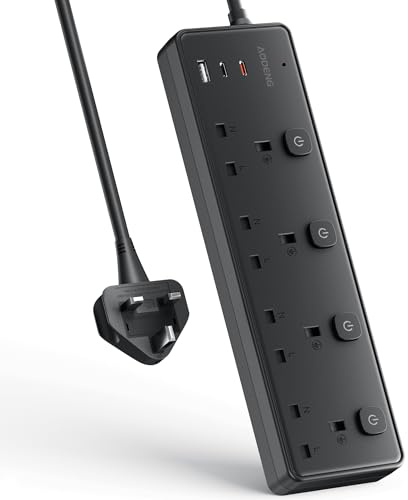 Extension Lead with 3 USB Slots(30W),4 Way Sockets Outlets Ports Extension Cable with 4 Individual Switches Surge Protected，Wall Mountable Extension Socket for Home,Office,School,2M,Black