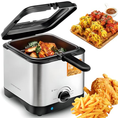 Electric Deep Fat Fryer, 2.5L Stainless Steel, 1000W with Frying Basket, Adjustable Temperature 130-190℃, Easy Clean for Fries and Donuts