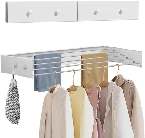 Gaxcent Wäscheständer, 60cm Ausziehbare Wäscheleine Kohlenstoffstahl Wäscheständer Wand mit 4 Haken Platzsparend Handtuchhalter Wand 25KG Tragkraft für Innen oder Außen Balkon Terasse,Weiß