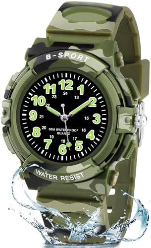 Edillas Orologio da Polso Bambini Analogico,Impermeabile 30M,Cinturino TPU Morbido,Lancette Luminose,Ideale per Scuola, Sport e Regalo di Inizio Anno (Verde Mimetico)