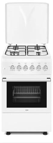 De'Longhi DL554EW2 Cuisinière à gaz, 50 cm, 4 feux, grilles émaillées, four électrique multifonctionnel, 52 litres, couleur blanche, classe énergétique A