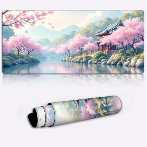 sakura temple reflection Gaming Mouse Pad Non-Slip Rubber Base Pad Office Home Novelty Printed Desk Accessory Laptop Desktop Printed Art Ergonomic 600 * 350 * 4mm
