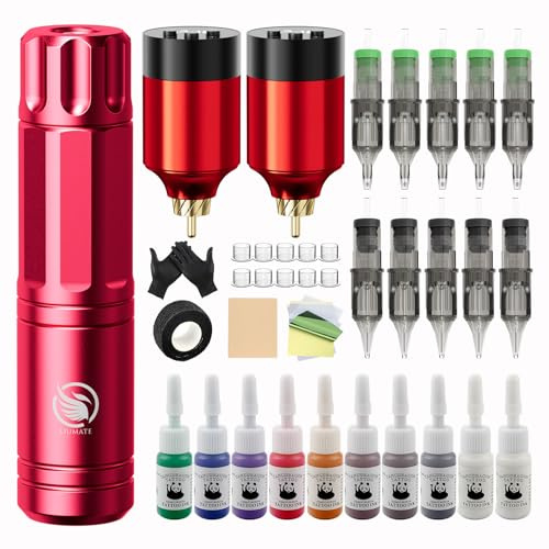 Kabellose Maschine Set mit 2 Stück 1500mAh Batterie Rotation Stift Maschine | LIUMATE Complete Maschine Set mit 10 Stück Nadel 10 Tintenflaschen Transferpapier Zubehör für Anfänger und Künstler