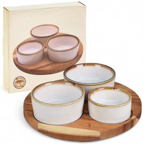 MIJOMA Servierset 4-teilig – 3 Keramikschalen in Weiß mit reaktiver Glasur auf rundem Holztablett – Modernes Dip- & Snackset aus Steinzeug – Stilvolles Küchenaccessoire