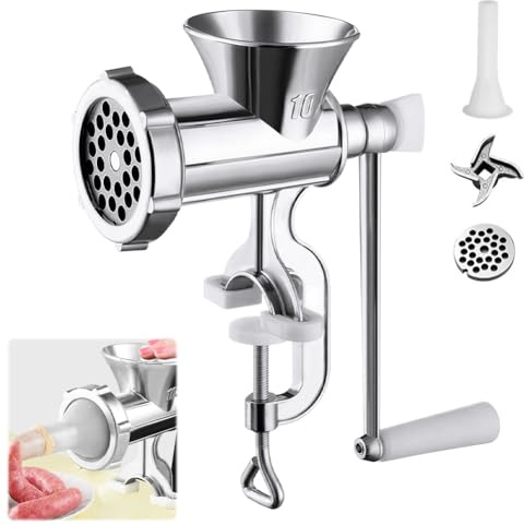 Umllpet Picadora de carne manual con manivela, relleno de salchichas de acero inoxidable con abrazadera de mesa, relleno de salchichas con placas de corte y tubo de salchicha, picadora de alimentos