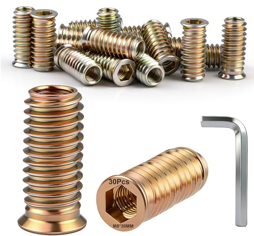 Dshunnc 30 stycken skruvmuttrar M8 x 30 mm gänginsats trä, rampamuff M8, galvaniserade sexkantiga skruvmuttrar för trämöbler, hyllor, arbetsbänkar, trädgårdsmöbler