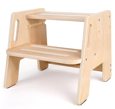 Stegpall för barn, 2 steg, halkfri träpall med handtag, stabil trappstol, lastkapacitet upp till 120 kg, fotpall för barn, sovrum, tvättställ, kök, barnrum