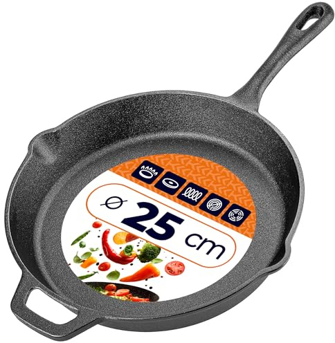 KADAX Padella in ghisa da 25 cm, adatta a induzione e al forno, padella in ghisa per induzione, bistecchiera in ghisa, padella in ghisa