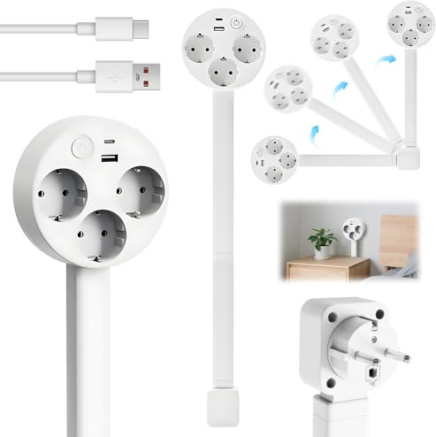 BIZOI Steckdosenverlängerung Ausziehbar (47-67cm), 3-Fach Steckdosen-Verlängerung mit USB C & USB A, 360° Schwenkbar, Flexibler Tischanschlussstecker für Schreibtisch, Büro, Schlafzimmer