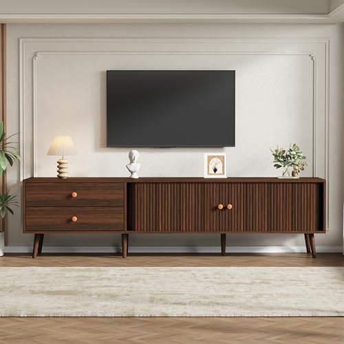 YuQozii Mueble para TV de 180 x 40 x 46,5 cm, efecto nogal, con dos cajones, dos puertas enrollables y 7 patas. Adecuado para televisores de hasta 80 pulgadas. Mueble bajo, armario de salón, soporte