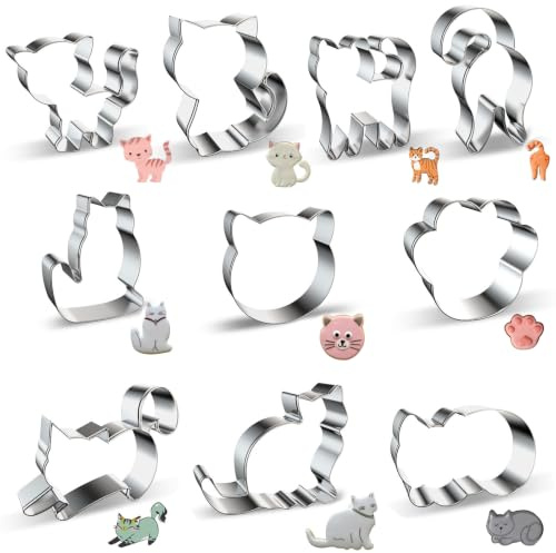 Juego de 10 Moldes para Galletas de Gato, Cortadores de Galletas Infantiles de Acero Inoxidable, Formas de Animales para Repostería, Fondant y Decoración de Pasteles, Duradero