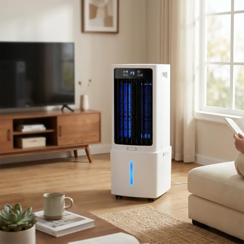 Aire Acondicionado Portátil 12L, Climatizador Evaporativo Ventilador 3 en 1, con Rruedas y Mando, 3 Velocidades, Temporizador de 12 Horas, Bolsas de Hielo, para Dormitorio y Garaje