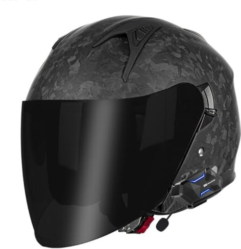 Casque Moto Jet Bluetooth Microphone Intégré Certification DOTECE Adultes Fibre Carbone Demi Casques avec Double Visière Casques Semi-Ouvert Rétro Casque Moto Bols