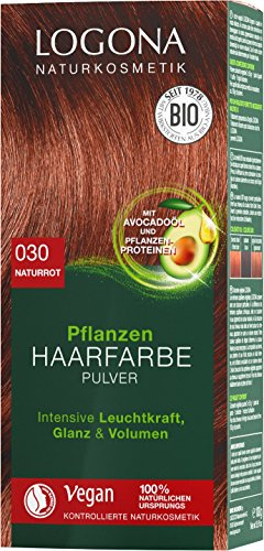 LOGONA Naturkosmetik Tinte vegetal para el cabello en polvo 030 rojo natural, con aceite de aguacate, vegano y natural, color rojo natural con henna, coloración, 100 g
