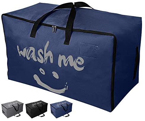 IHOMAGIC Borsa Portaoggetti Grande con Manico Rinforzata - Scatole per Armadio, Contenitore Sottoletto Pieghevole per Biancheria da Letto e Traslochi, 100L Blu Scuro