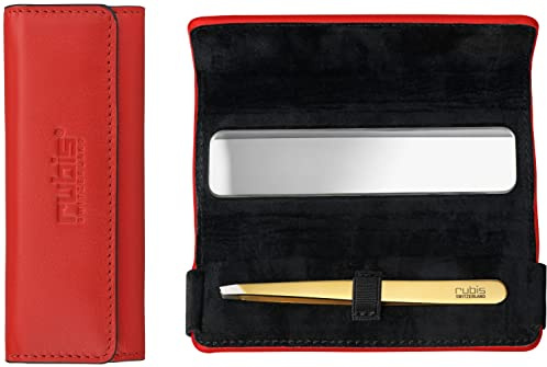 Rubis Pince à épiler or - Pinces à sourcils obliques en cuir rouge - Avec miroir cosmétique petit pour le sac à main - Pointe oblique pour l'épilation