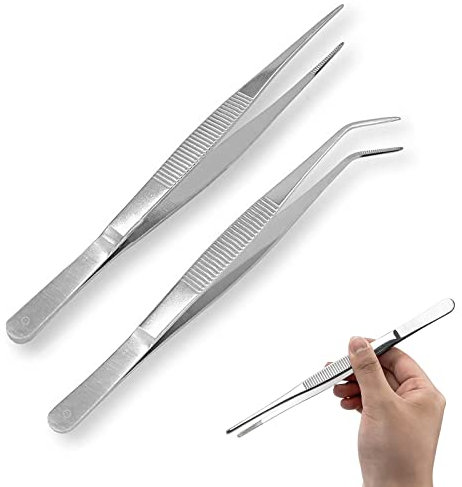 Pinzas profesionales, 2 pinzas de acero inoxidable, 25 cm, largas rectas, curvas, con un extremo dentado de precisión, para trabajo industrial, laboratorio