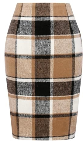 Mywinway Plaid Skirts for Women 2025 Fall Winter Knee Length Wool Pencil Skirt, Brownblack, M